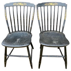 Antique American Windsor Hickory Oakwood Handpainted Stenciled Chairs Black and Gold