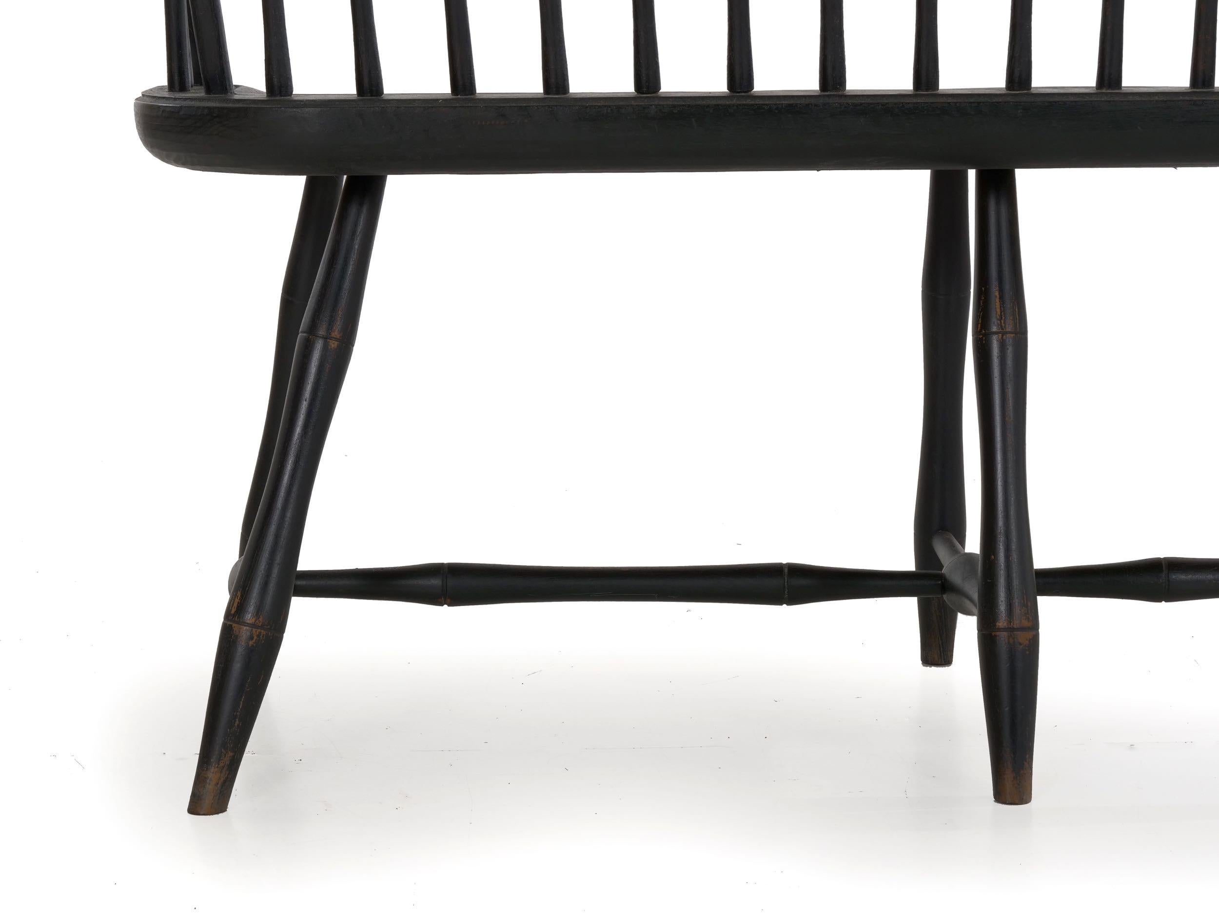 American Windsor Style Black Painted Sack-Back Settee Bench, 20th Century 6