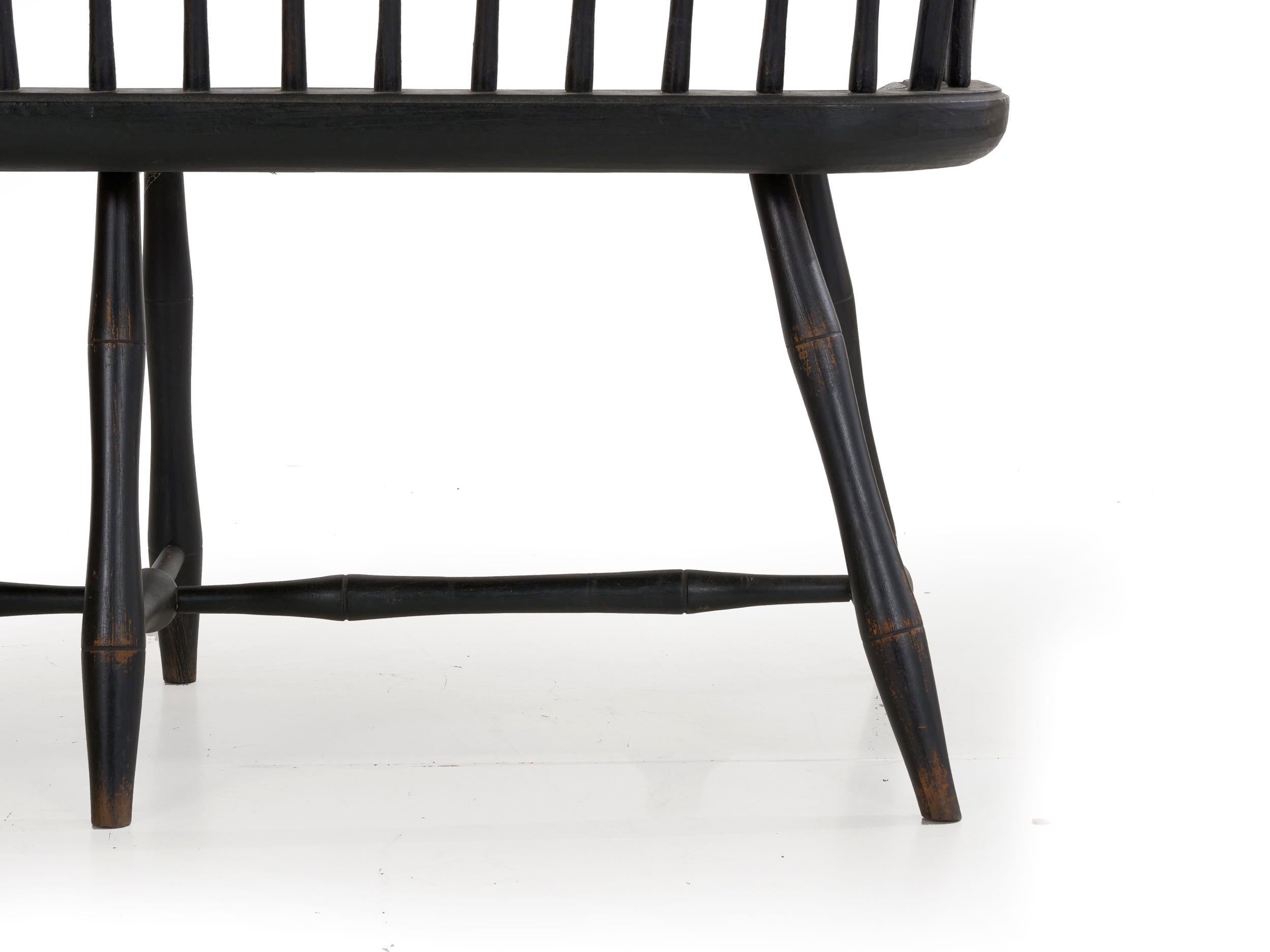 American Windsor Style Black Painted Sack-Back Settee Bench, 20th Century 7