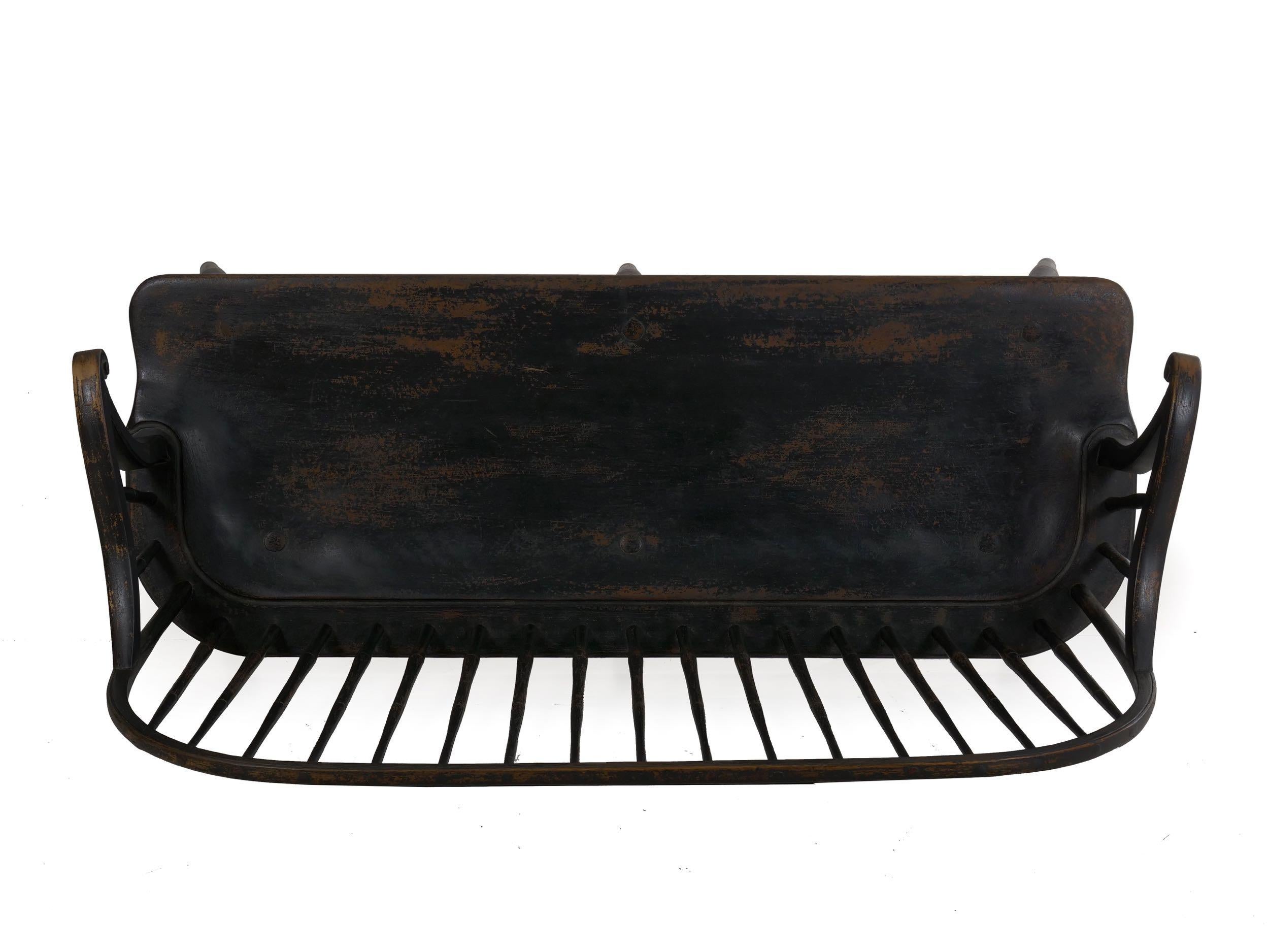 American Windsor Style Black Painted Sack-Back Settee Bench, 20th Century 11