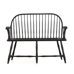 American Windsor Style Black Painted Sack-Back Settee Bench, 20th Century