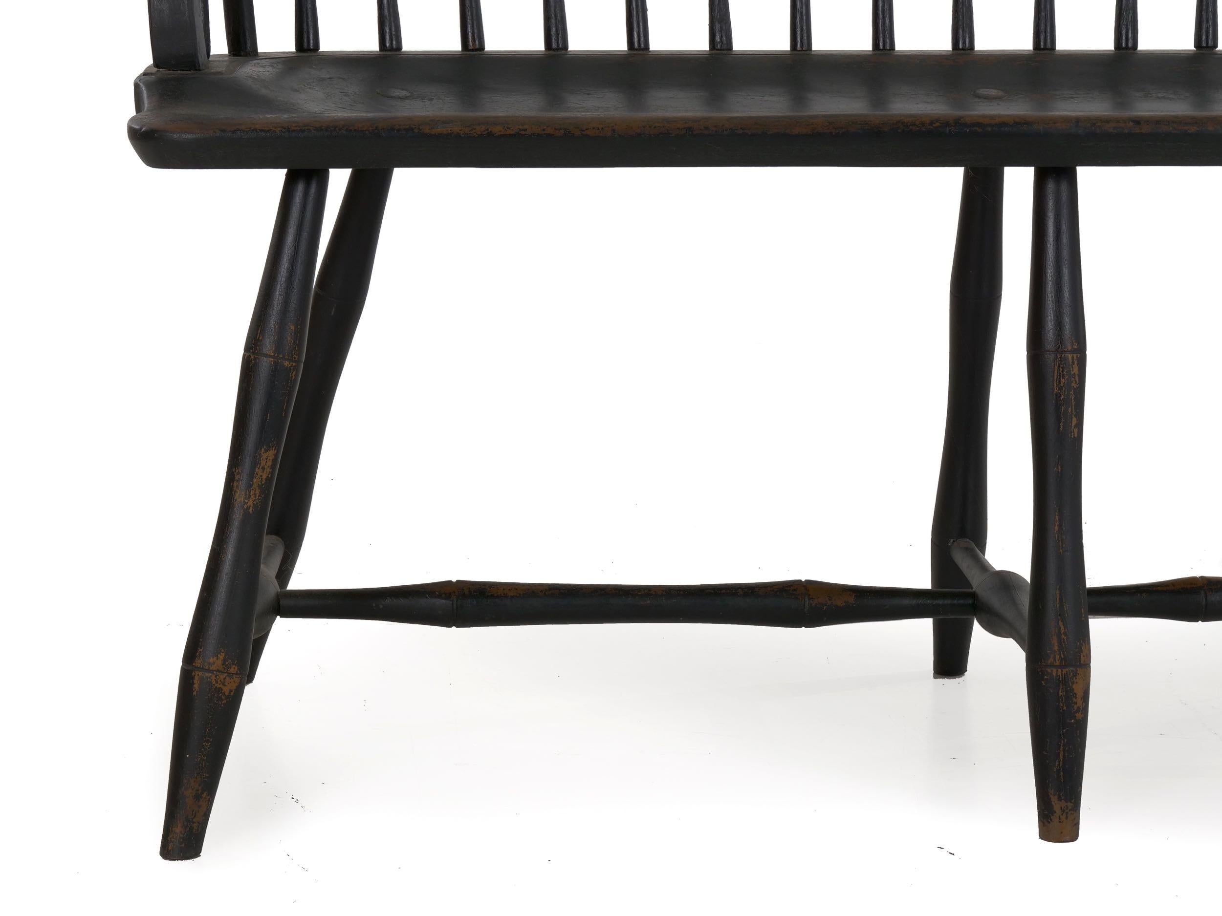 American Windsor Style Black Painted Sack-Back Settee Bench, 20th Century 1