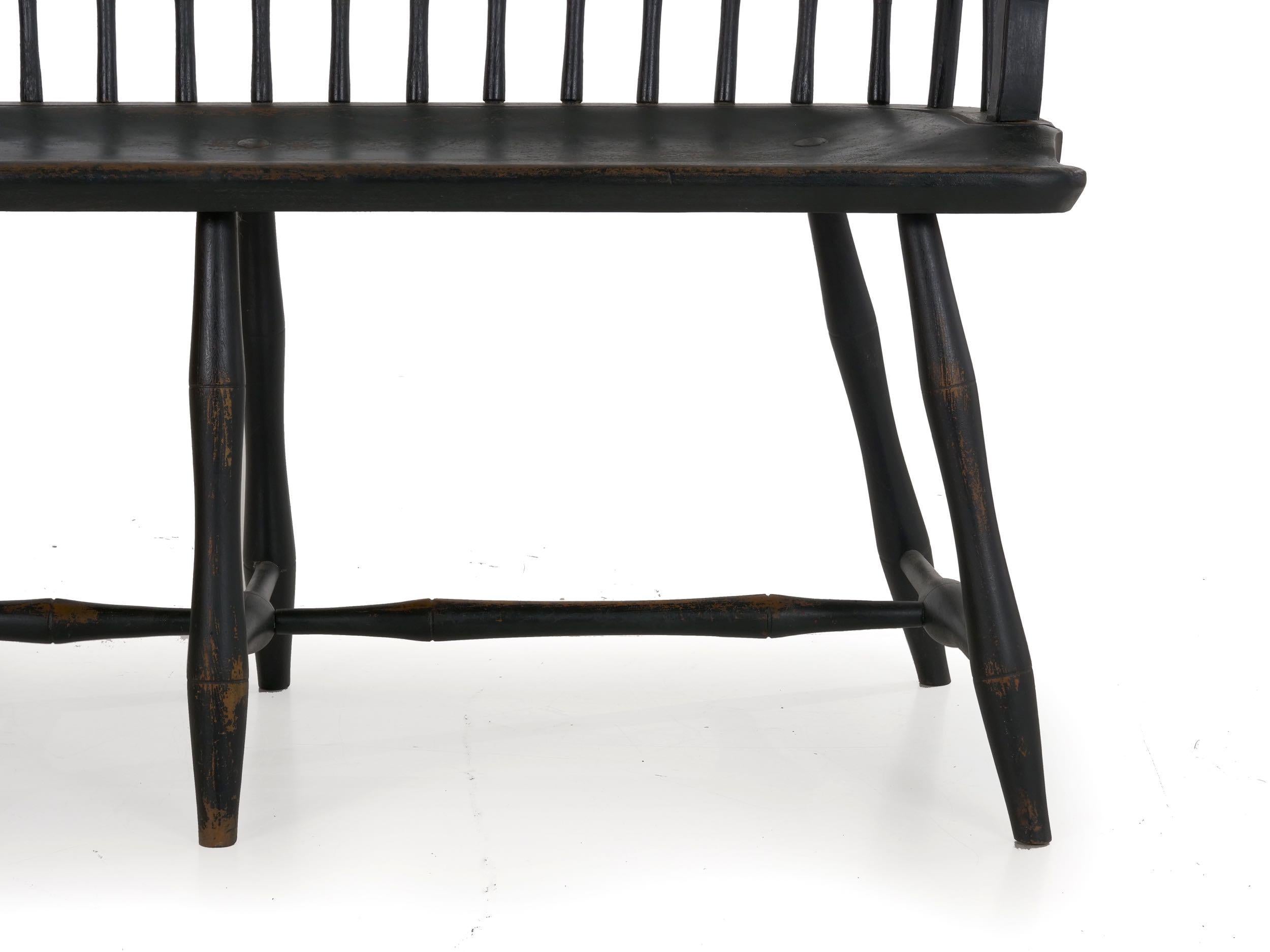 American Windsor Style Black Painted Sack-Back Settee Bench, 20th Century 2