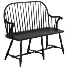 Vintage American Windsor Style Black Painted Sack-Back Settee Bench, 20th Century