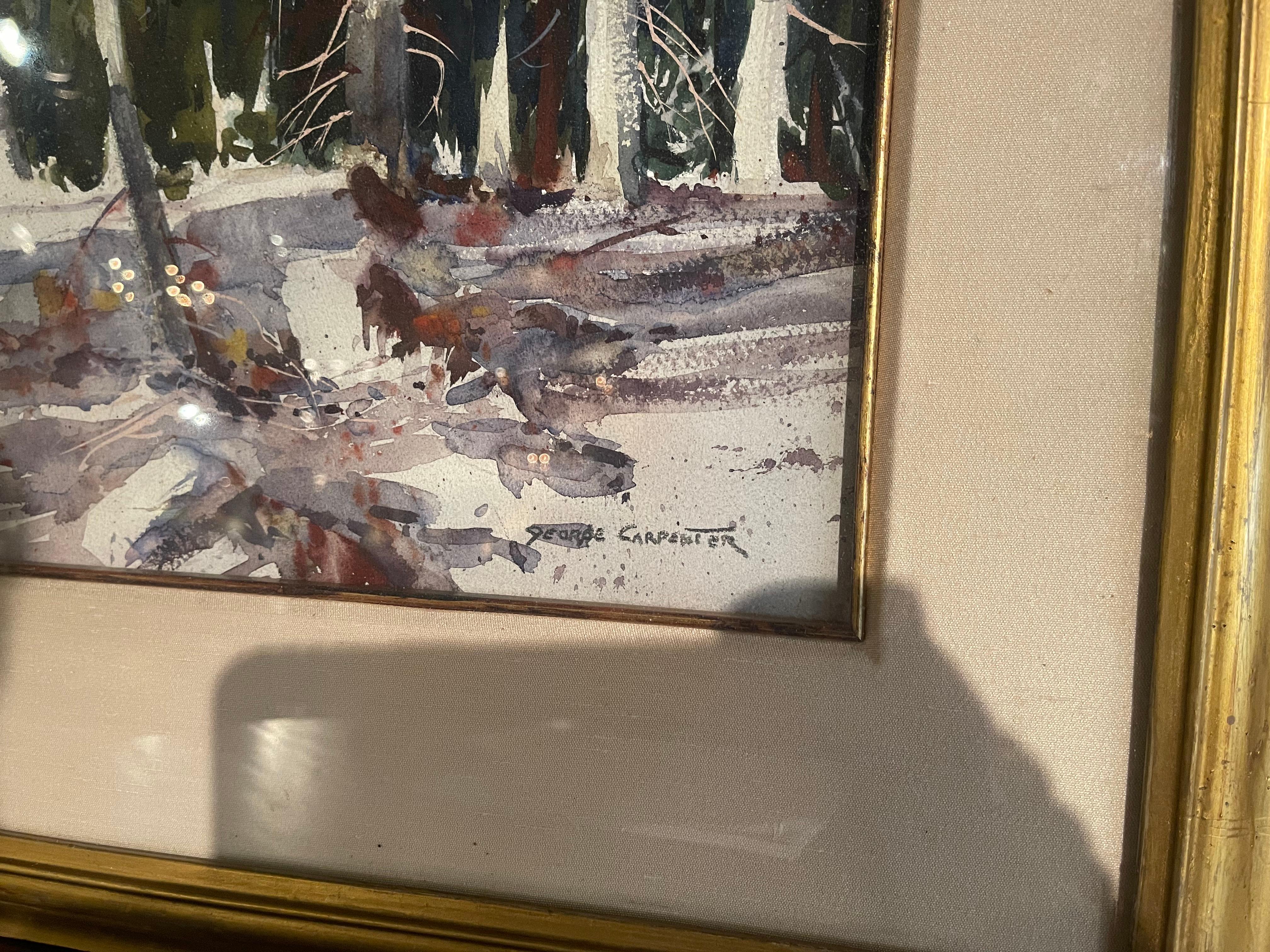 American Classical American Winter Forest Watercolor Painting in Gilt Frame Signed G. Carpenter For Sale