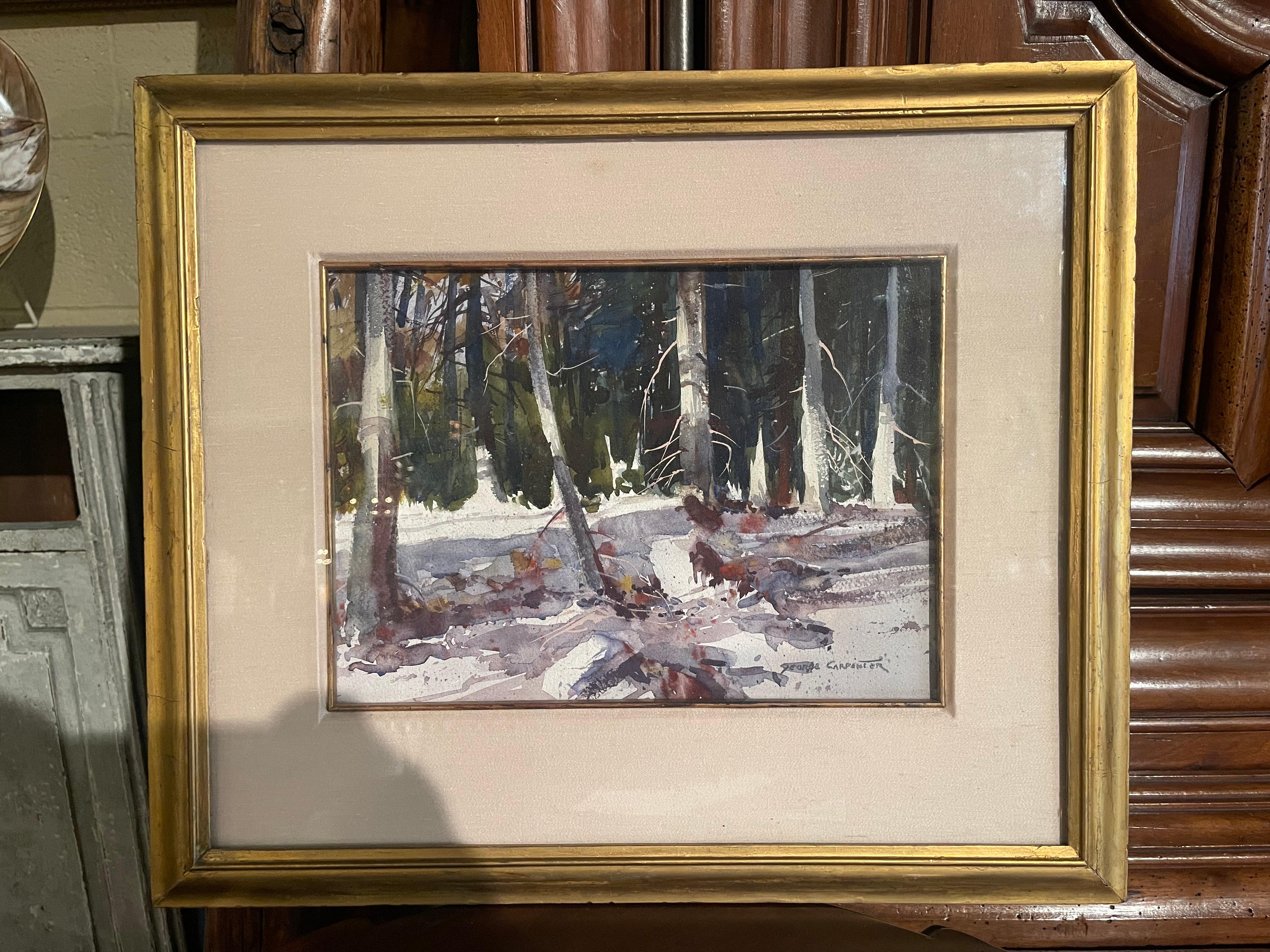 Hand-Painted American Winter Forest Watercolor Painting in Gilt Frame Signed G. Carpenter For Sale