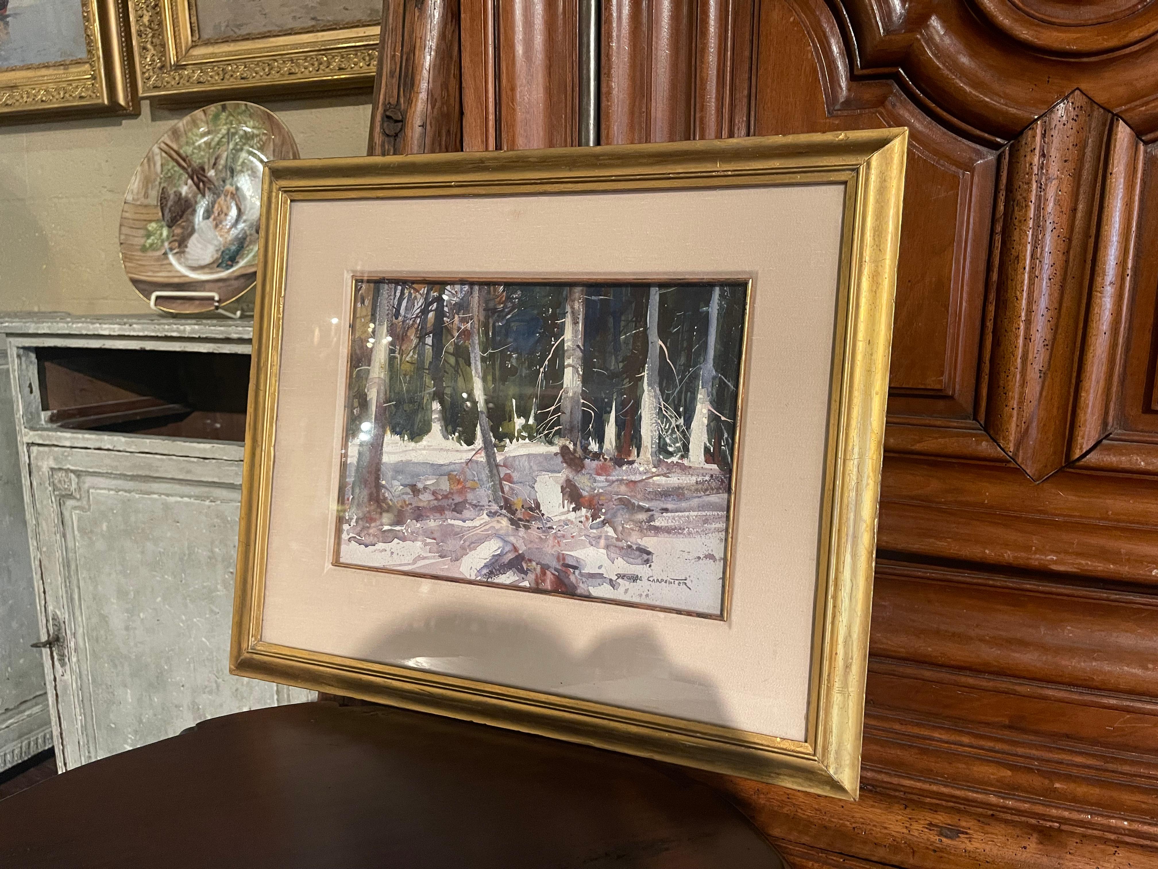 Giltwood American Winter Forest Watercolor Painting in Gilt Frame Signed G. Carpenter For Sale