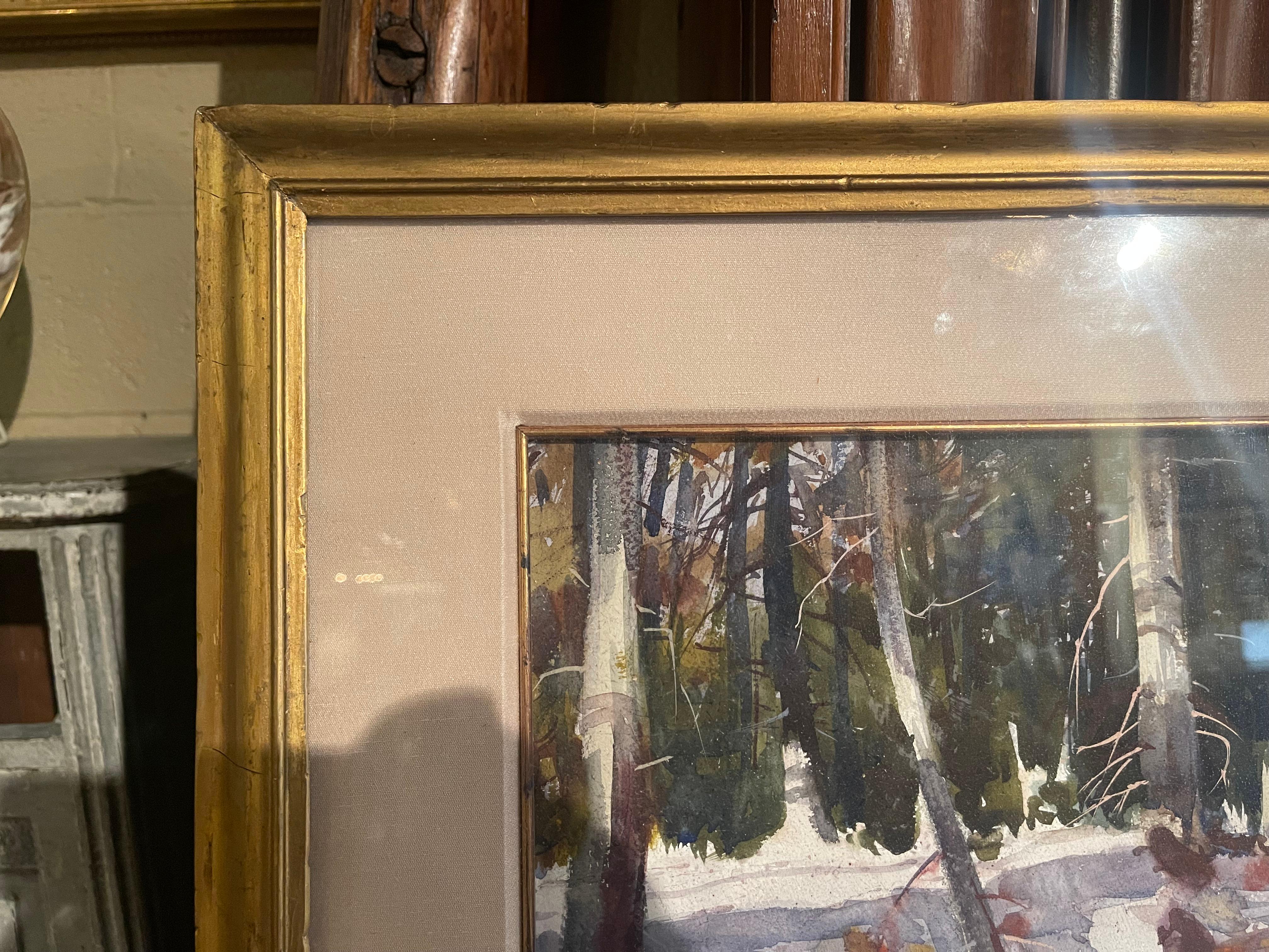 American Winter Forest Watercolor Painting in Gilt Frame Signed G. Carpenter For Sale 1