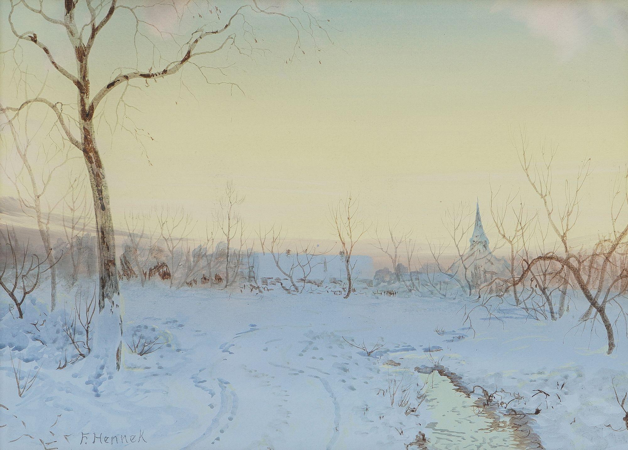 Guazzo su carta di un paesaggio innevato del tardo pomeriggio, forse della valle di Kettle Moraine nel Wisconsin. L'opera è stata rimontata su una stuoia d'archivio sotto un vetro che filtra i raggi UV e incorniciata con una modanatura in oro