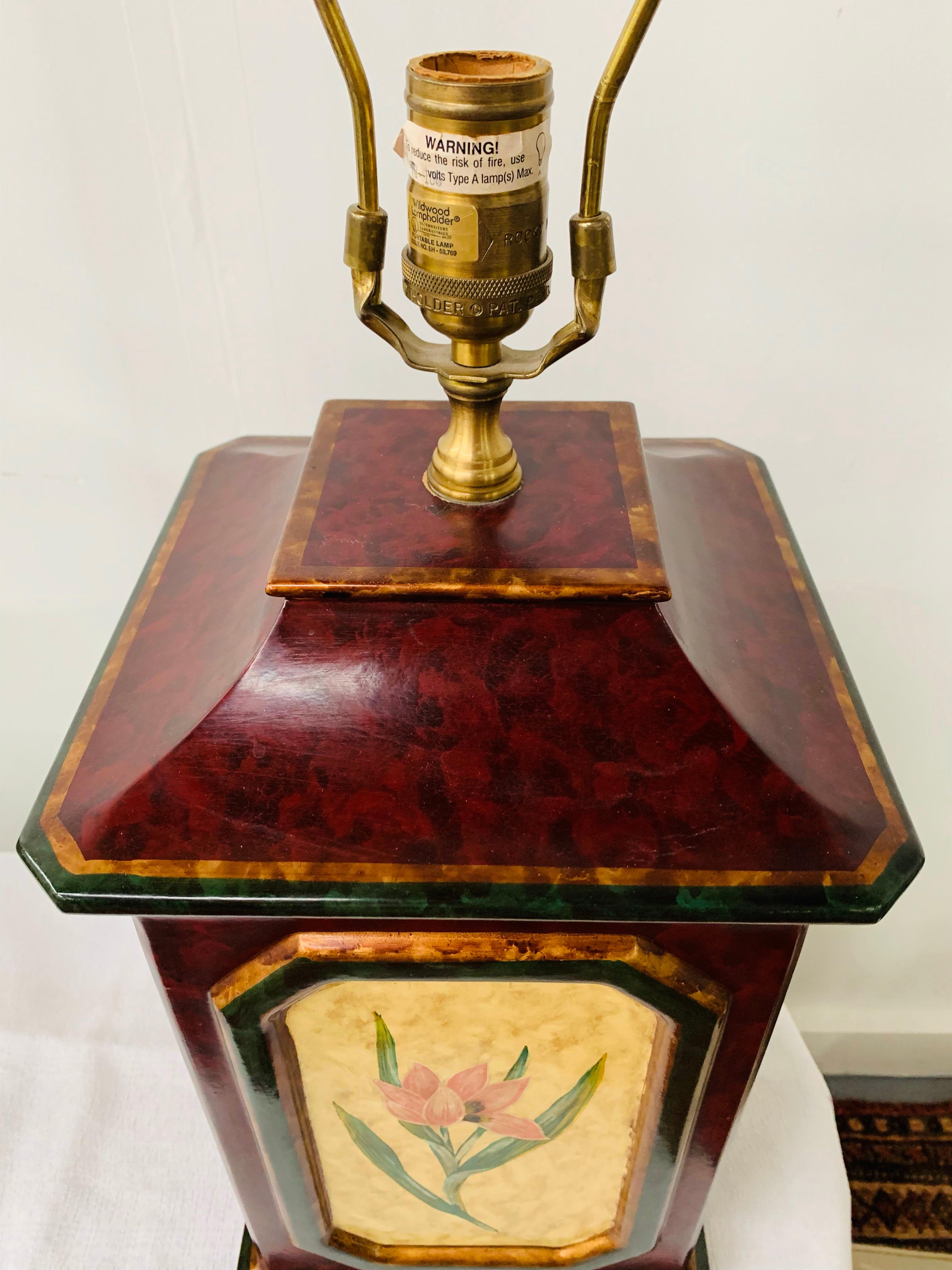 Oriental Hand-painted Wooden Table Lamp with Floral Decoration, a Pair In Good Condition For Sale In Plainview, NY