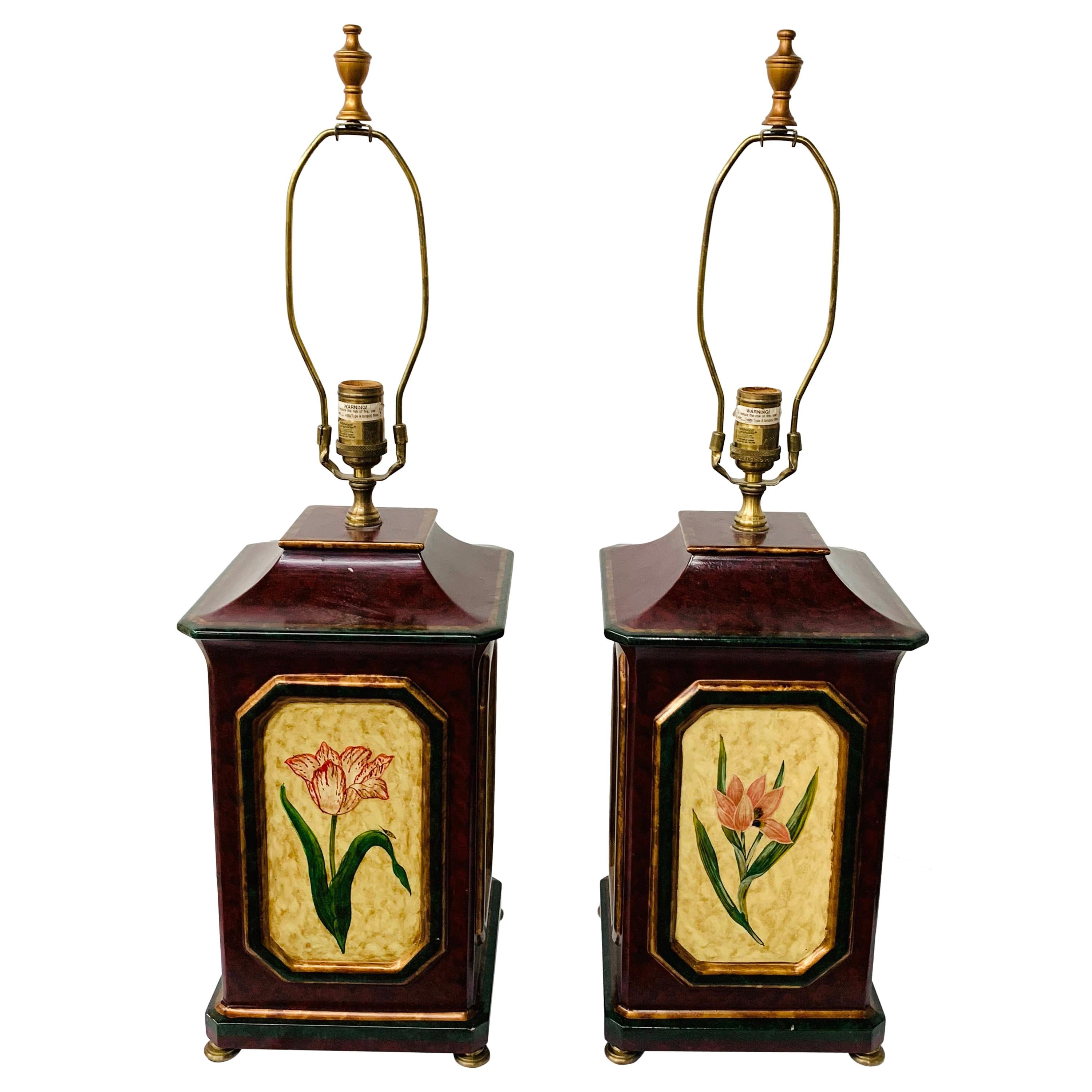 Oriental Hand-painted Wooden Table Lamp with Floral Decoration, a Pair For Sale