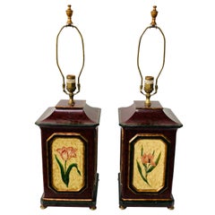 Oriental Hand-painted Wooden Table Lamp with Floral Decoration, a Pair