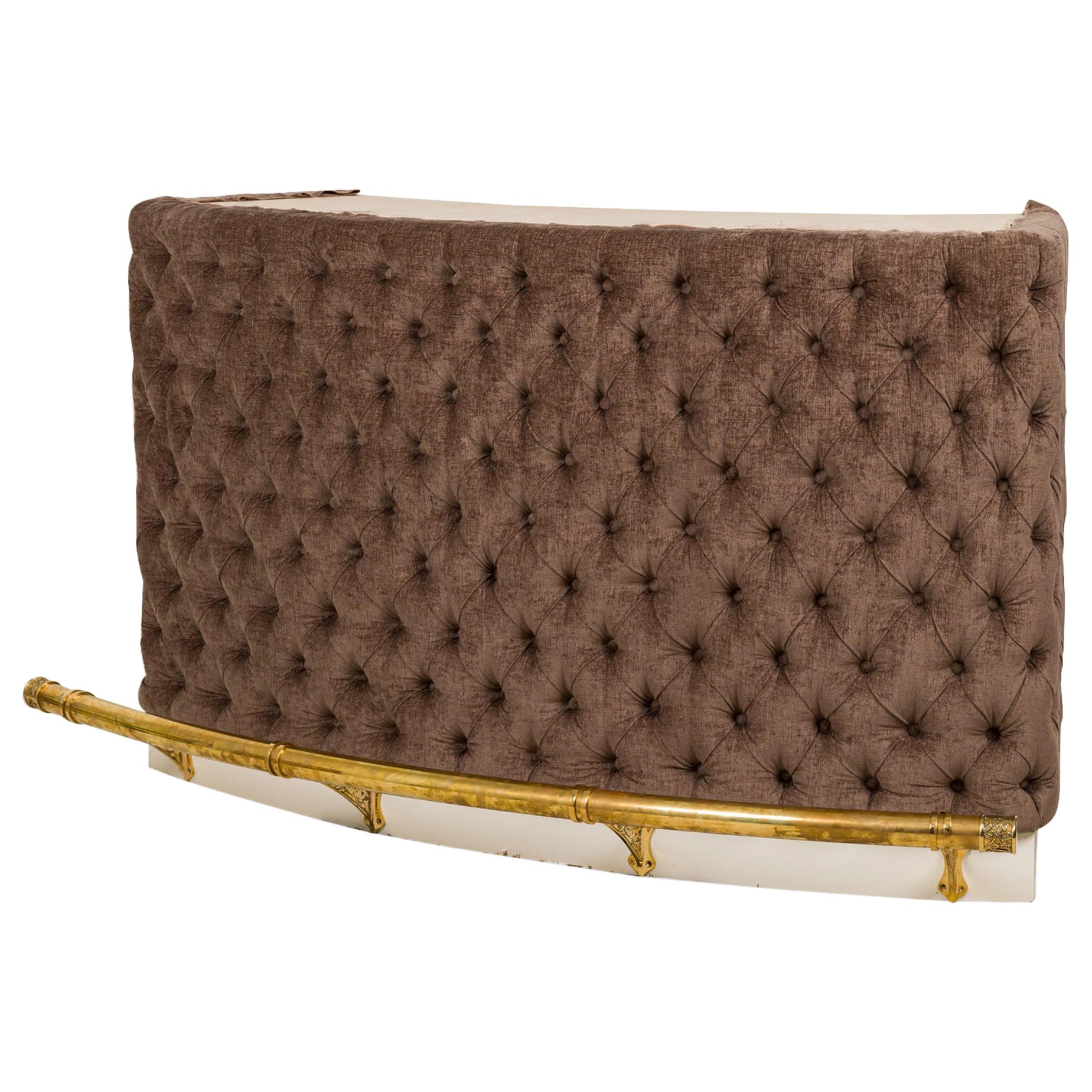 American Wooden Taupe Tufted Upholstered 3-Tiered Bar with Brass Foot Rail For Sale
