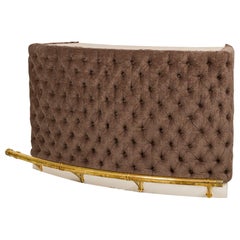 American Wooden Taupe Tufted Upholstered 3-Tiered Bar with Brass Foot Rail