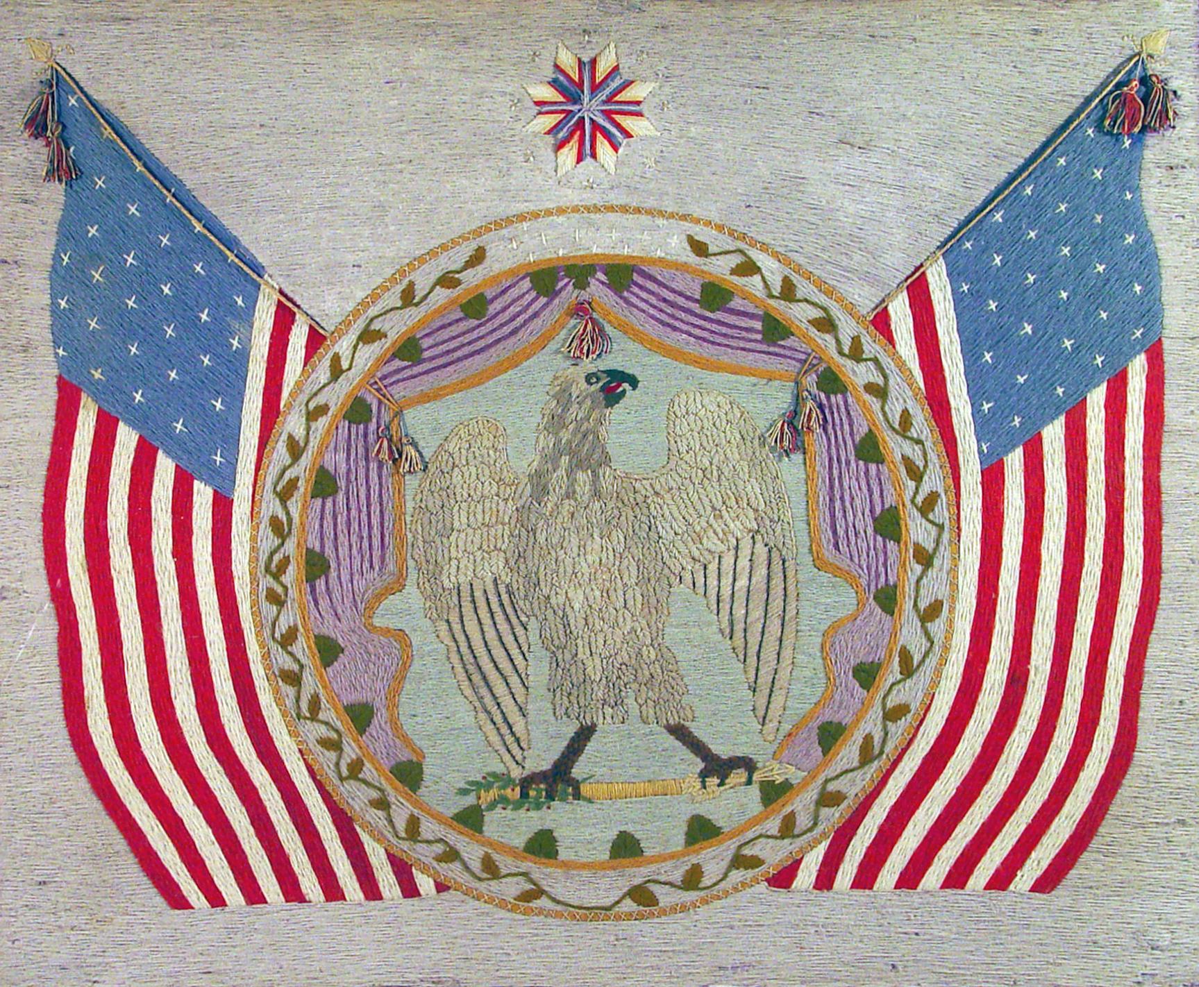 Folk Art American Woolwork Picture 'woolie' of The American Eagle Surrounded by American