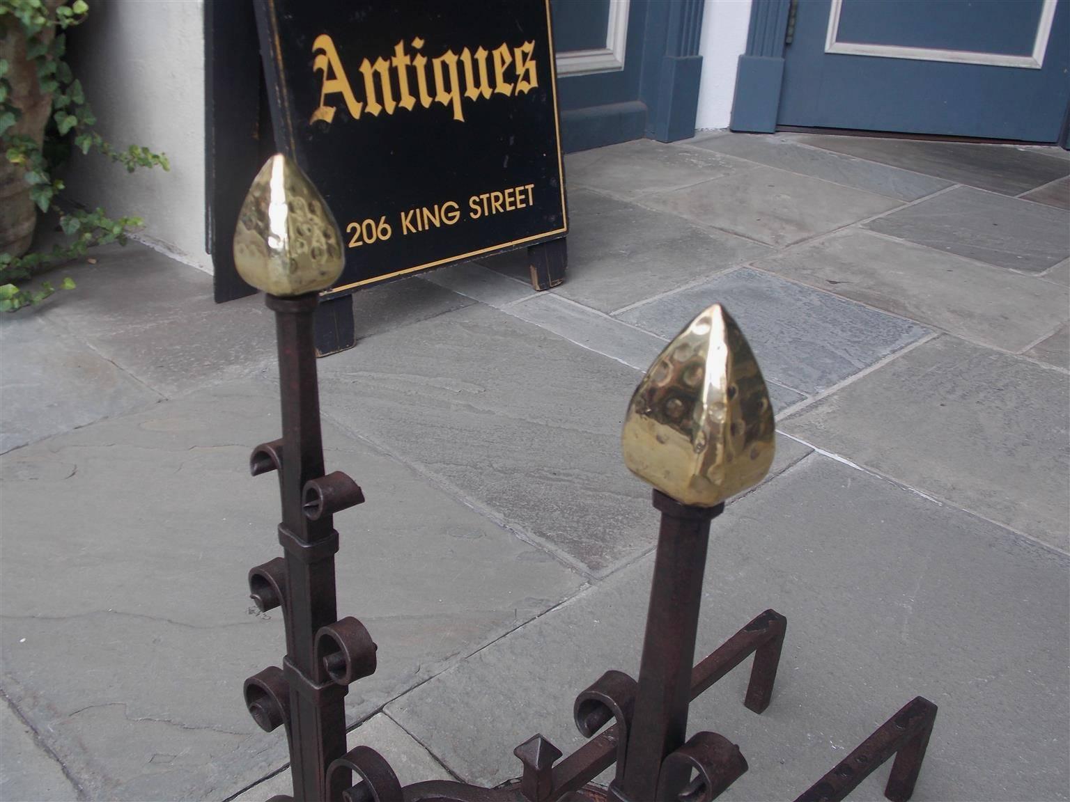 Hammered American Wrought Iron and Brass Faceted Arrow Finial Scrolled Andirons, C. 1850