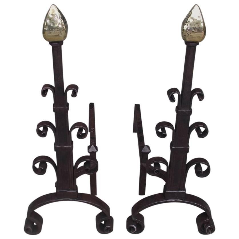 American Wrought Iron and Brass Faceted Arrow Finial Scrolled Andirons, C. 1850