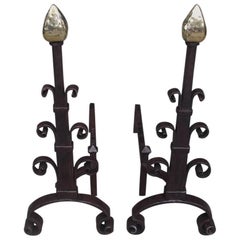 American Wrought Iron and Brass Faceted Arrow Finial Scrolled Andirons, C. 1850