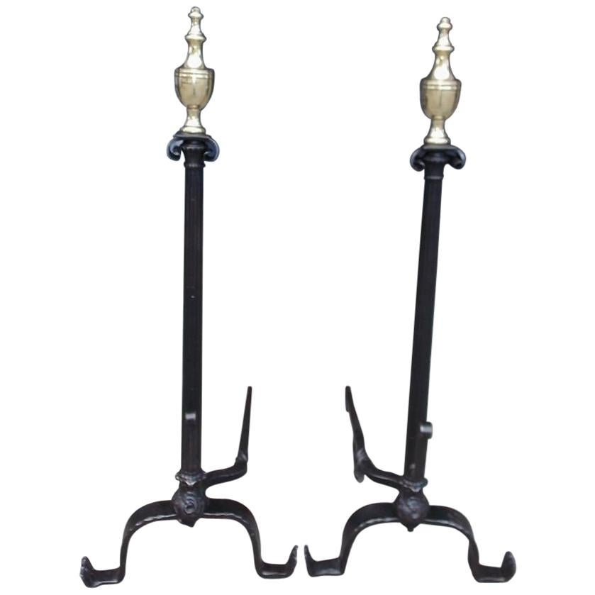 American Wrought Iron & Brass Urn Finial Fluted Andirons with Spit Hooks C. 1780