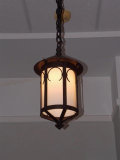 American Wrought Iron and Milk Glass Decorative Hanging Hall Lantern, Circa 1850