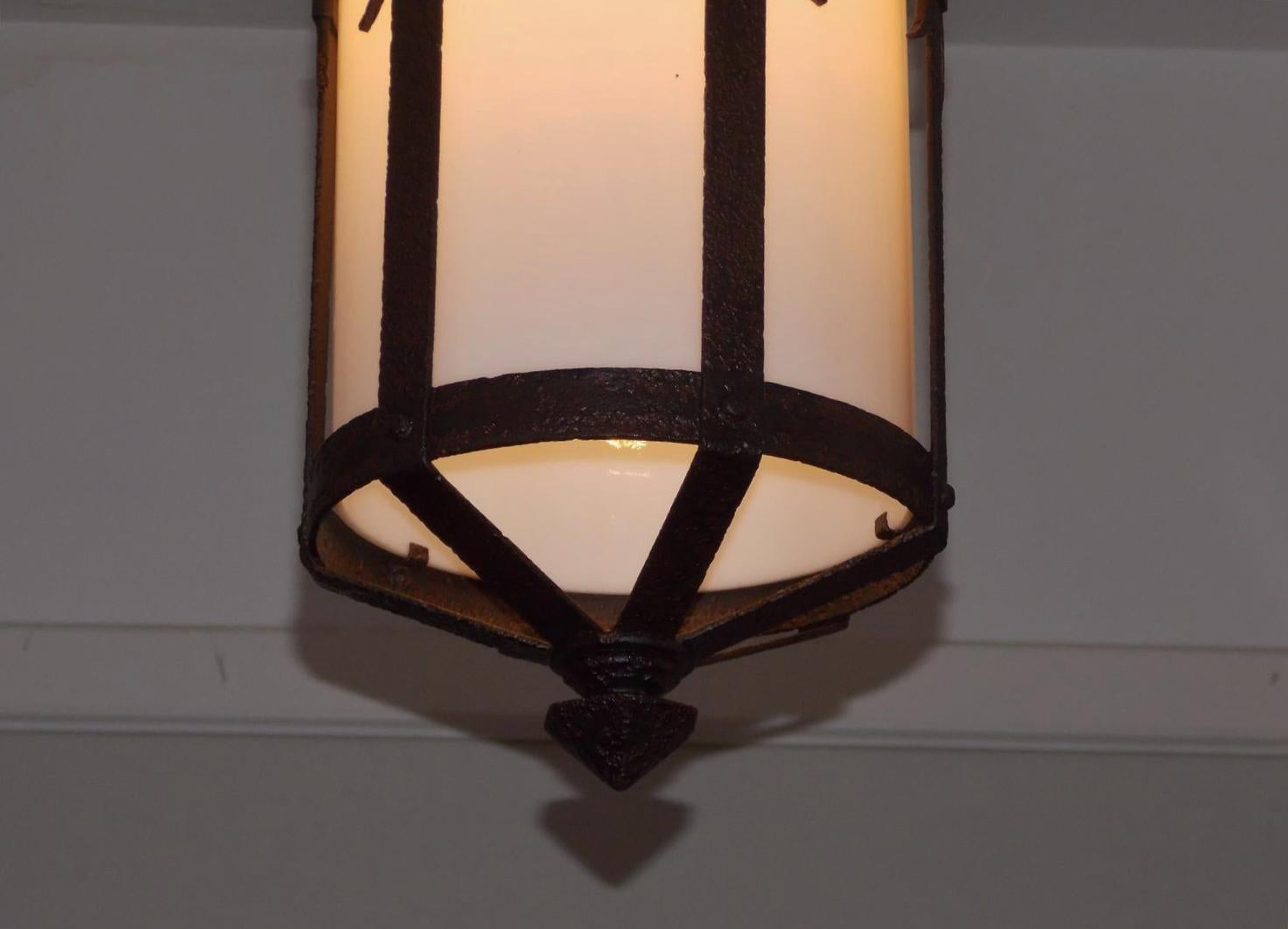 American Empire American Wrought Iron and Milk Glass Decorative Hanging Hall Lantern, Circa 1850 For Sale