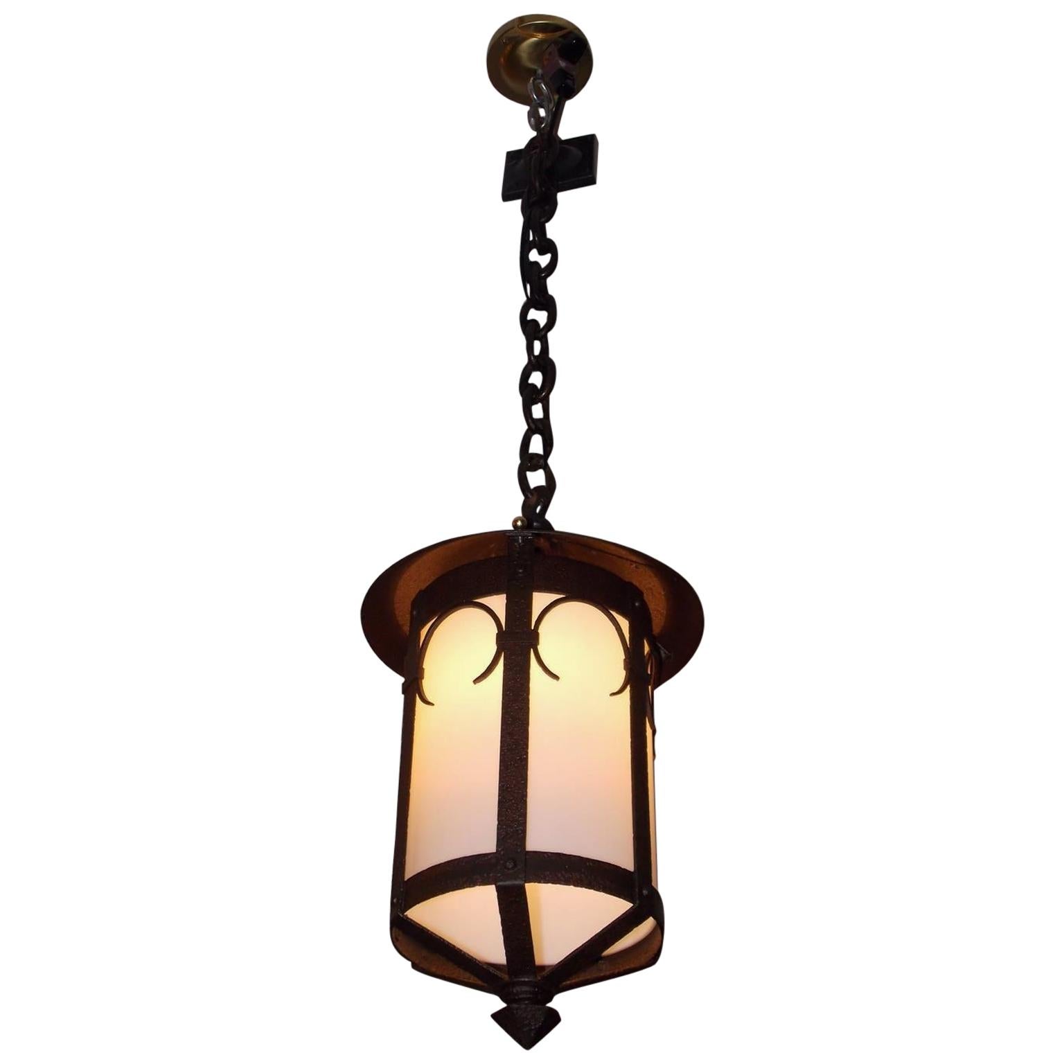 American Wrought Iron and Milk Glass Decorative Hanging Hall Lantern, Circa 1850