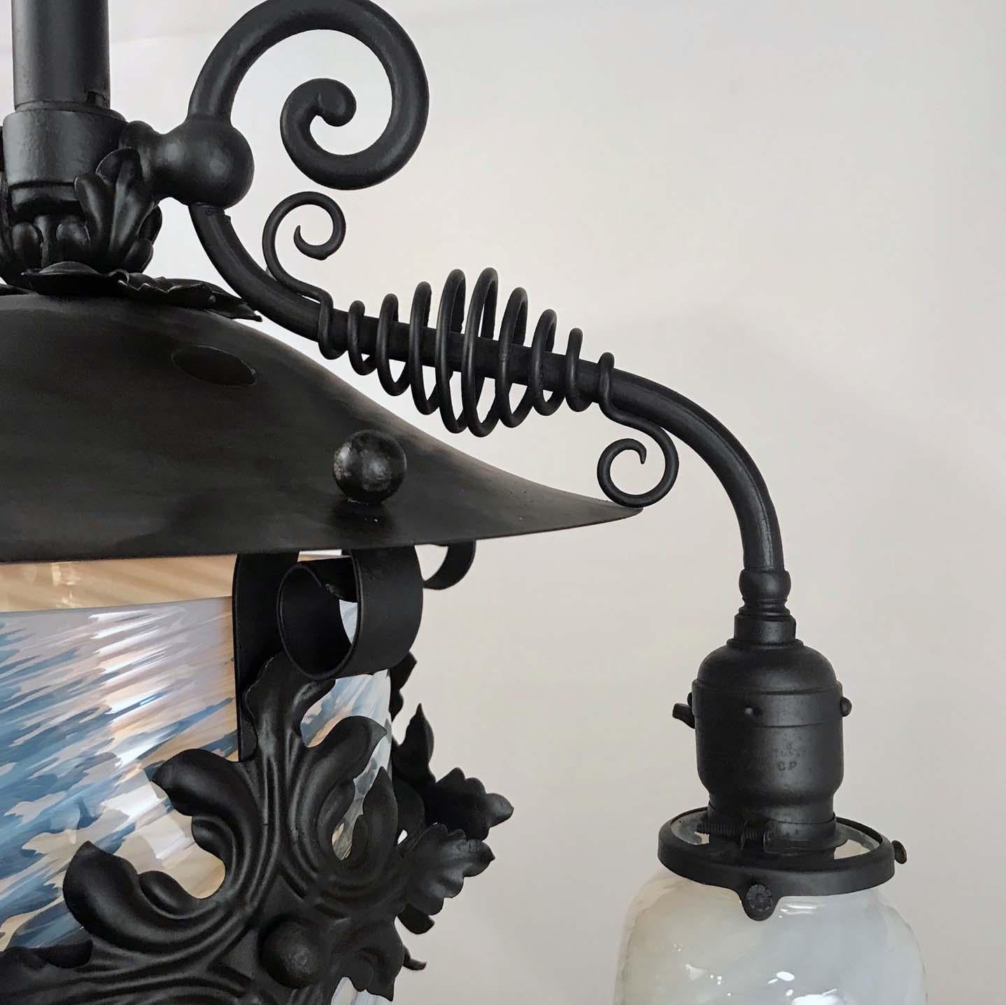 American Wrought Iron and Opaline Glass Gas/Electric Lantern For Sale 5