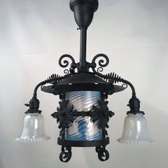American Wrought Iron and Opaline Glass Gas/Electric Lantern