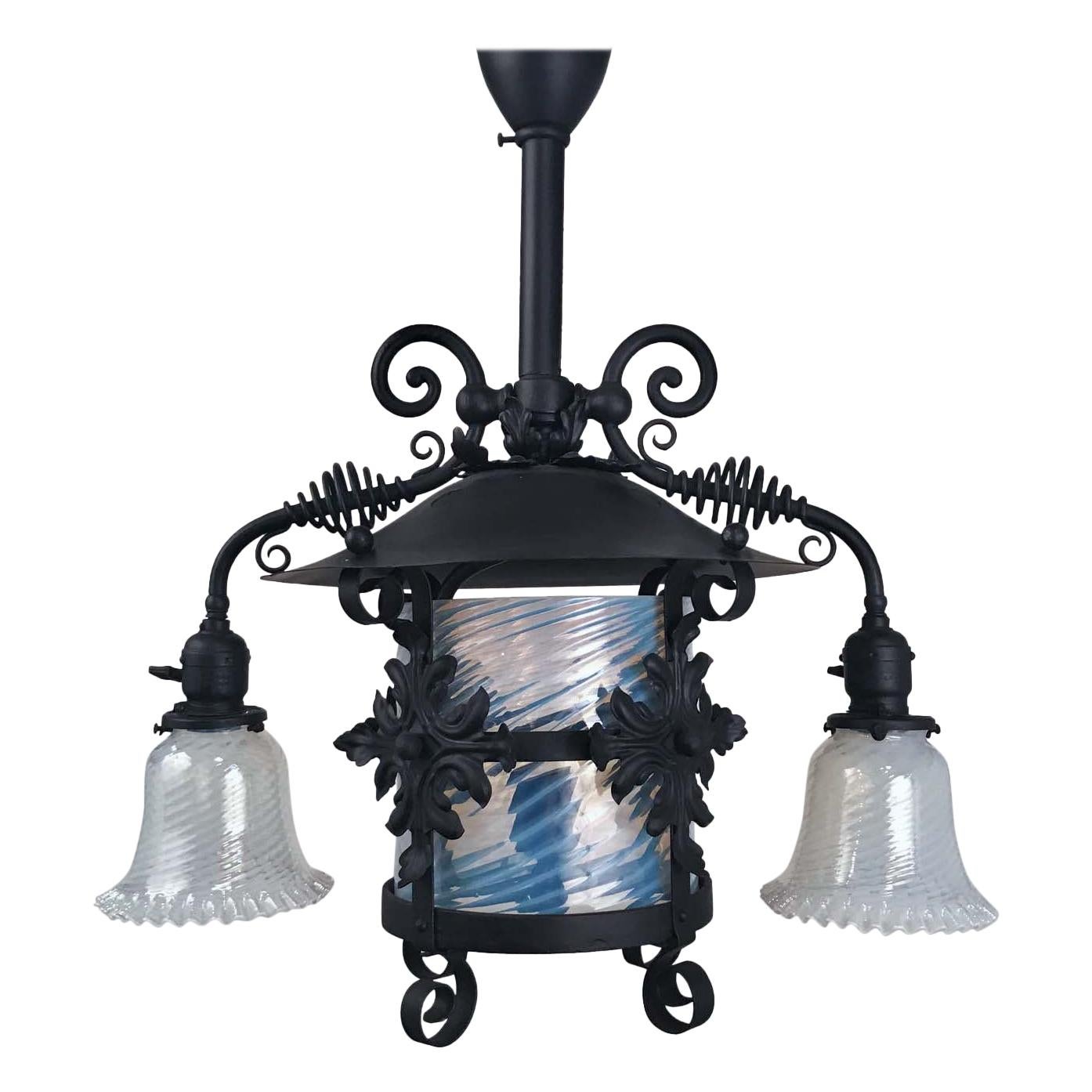 American Wrought Iron and Opaline Glass Gas/Electric Lantern For Sale