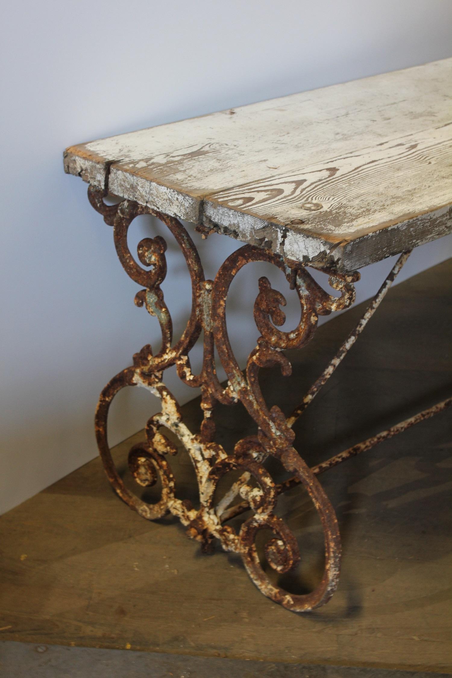 Rustic American Wrought Iron and Wood Base Dining Table or Bench, circa 1900s For Sale