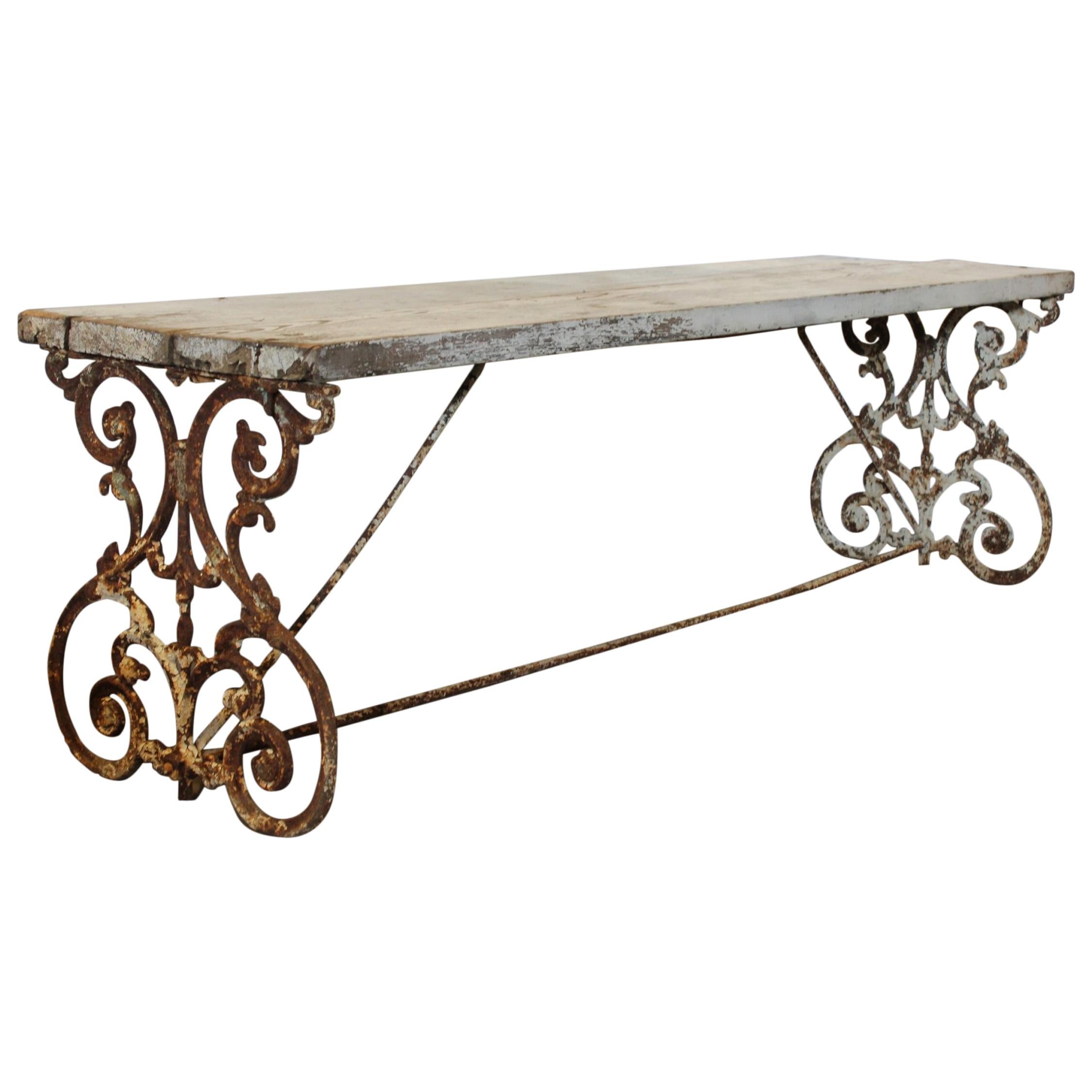 American Wrought Iron and Wood Base Dining Table or Bench, circa 1900s For Sale
