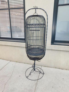American Wrought Iron Bird Cage w/ Decorative Rope Scroll Work on Base, C. 1900