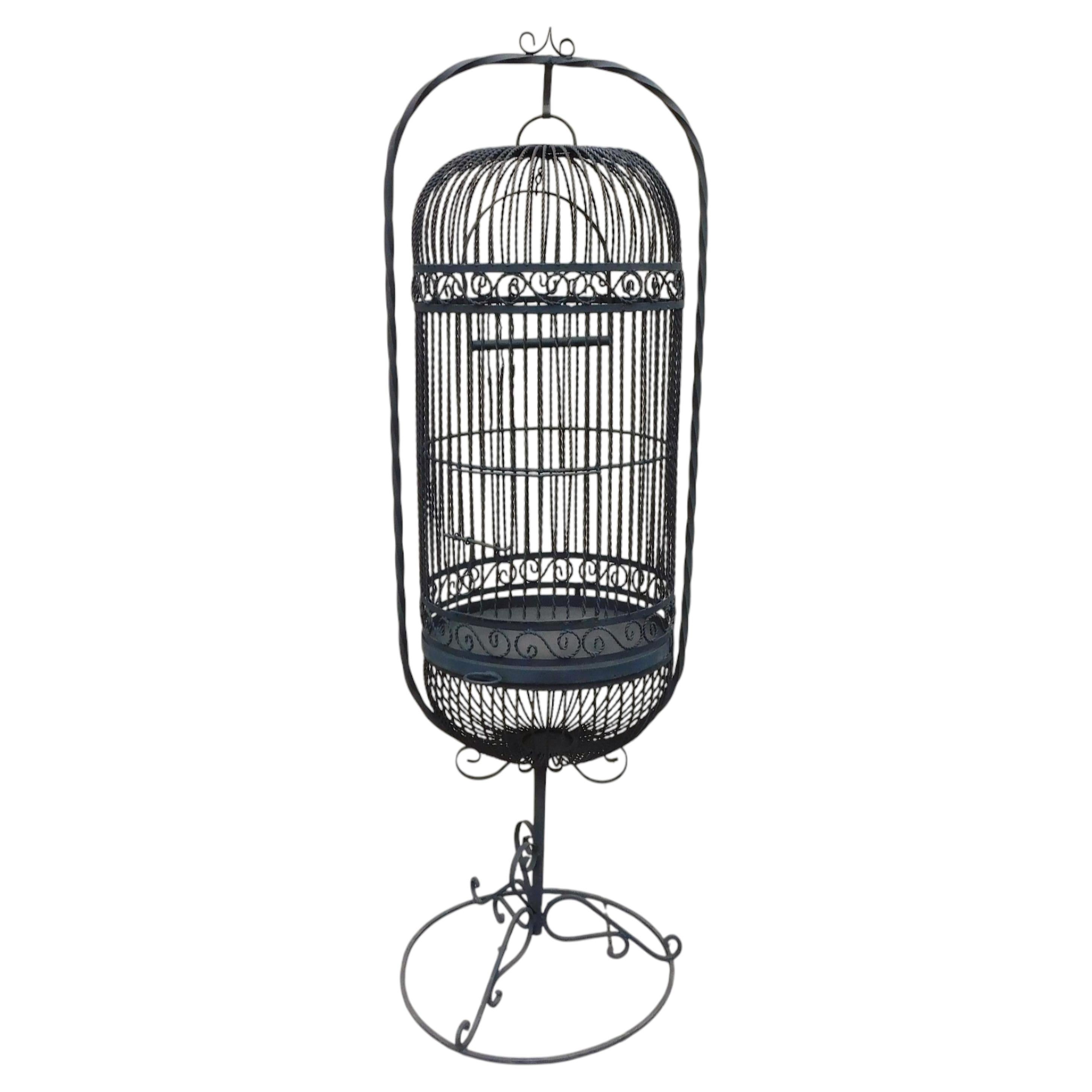 American Wrought Iron Bird Cage w/ Decorative Rope Scroll Work on Base, C. 1900