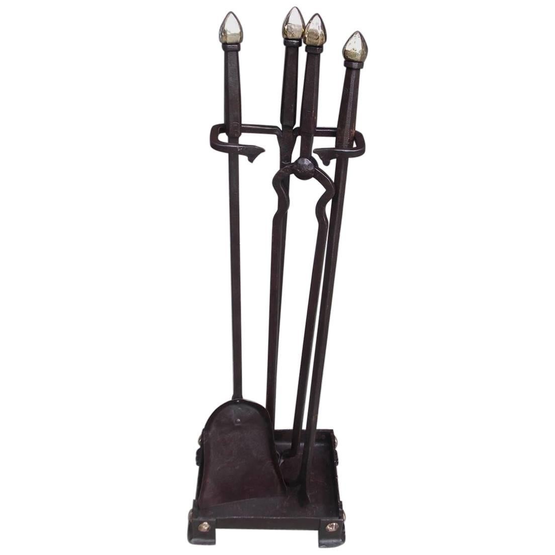 American Wrought Iron & Brass Faceted Arrow Finial Fire Tools on Stand, C. 1850
