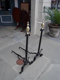 American Wrought Iron & Brass Urn Finial Fluted Andirons with Spit Hooks C. 1780
