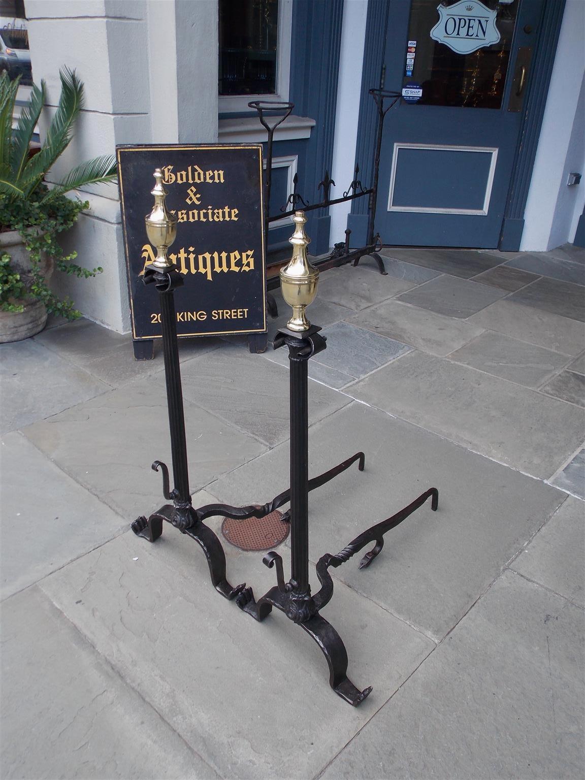 American Colonial American Wrought Iron & Brass Urn Finial Fluted Andirons with Spit Hooks C. 1780 For Sale