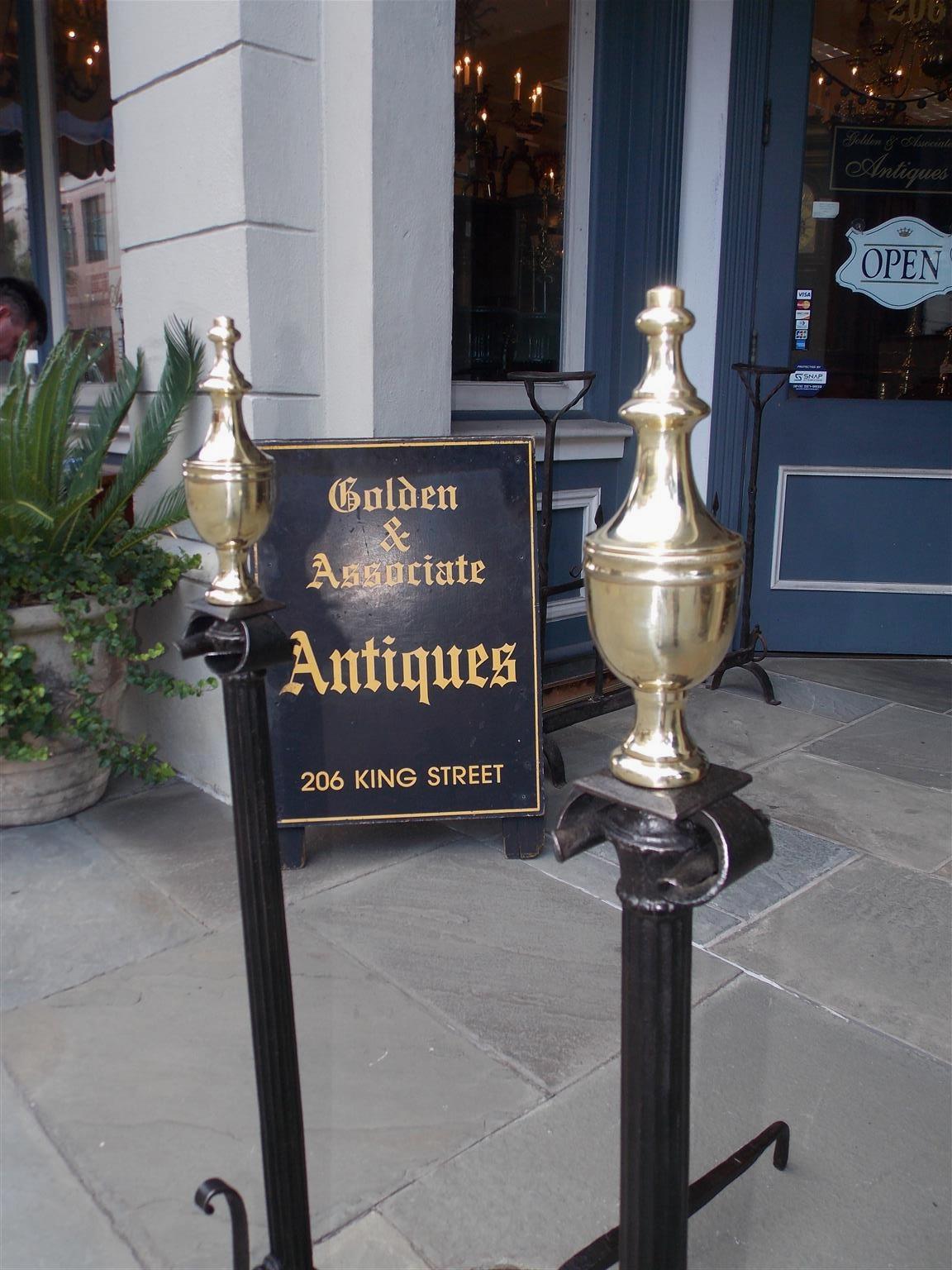 Cast American Wrought Iron & Brass Urn Finial Fluted Andirons with Spit Hooks C. 1780 For Sale