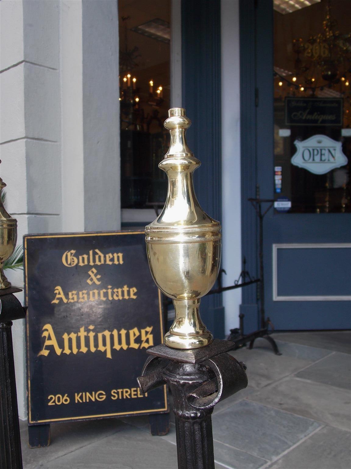 American Wrought Iron & Brass Urn Finial Fluted Andirons with Spit Hooks C. 1780 In Excellent Condition For Sale In Hollywood, SC