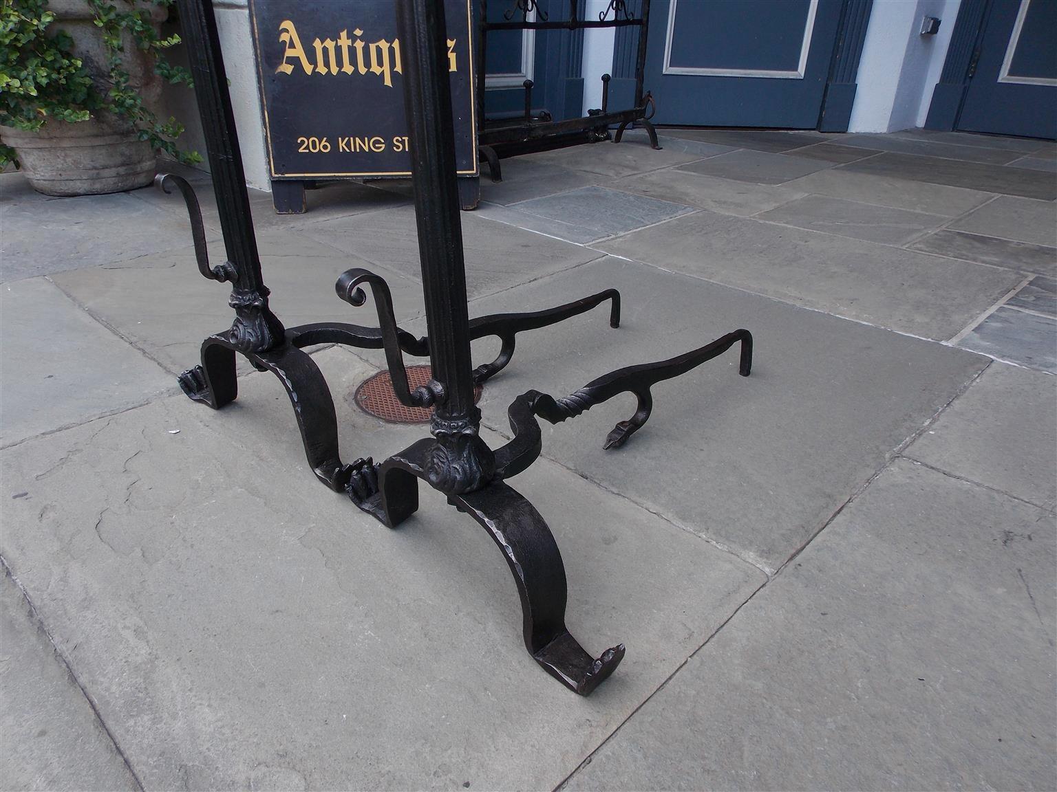 Late 18th Century American Wrought Iron & Brass Urn Finial Fluted Andirons with Spit Hooks C. 1780 For Sale