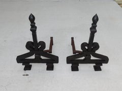 American Wrought Iron Faceted Lemon Finial Andirons w/ Scrolled Plinths, C. 1820