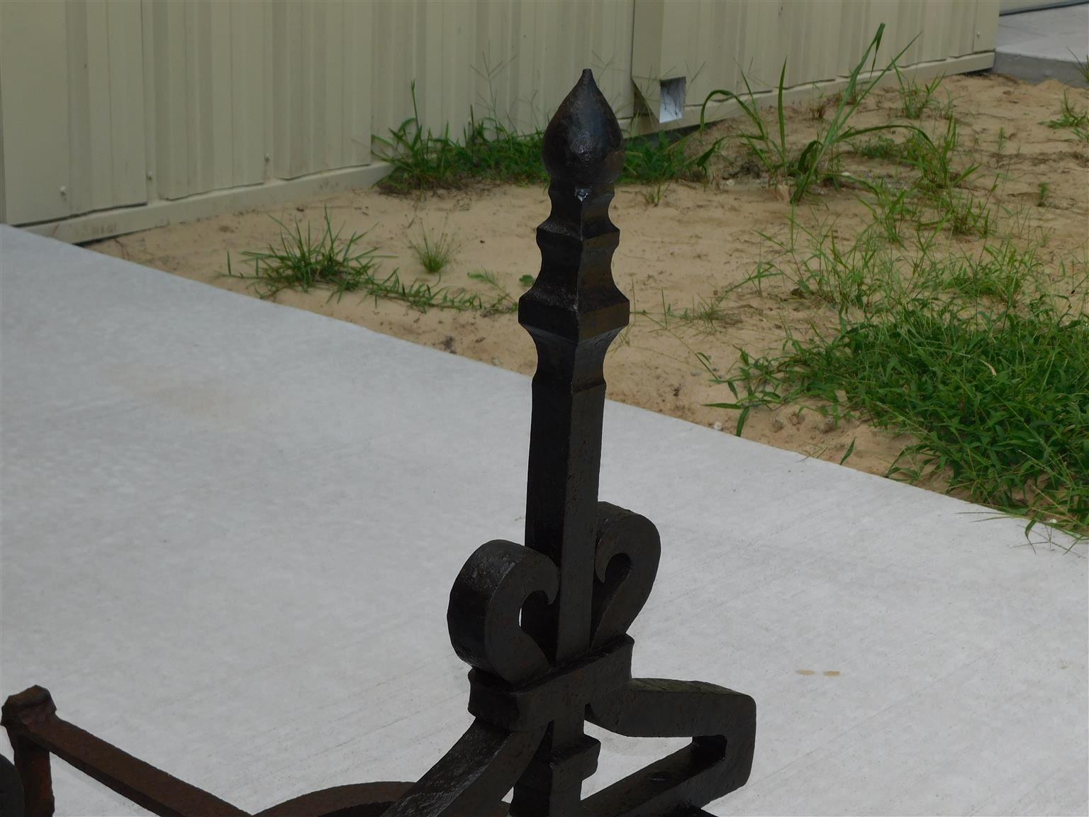 American Wrought Iron Faceted Lemon Finial Andirons w/ Scrolled Plinths, C. 1820 For Sale 2