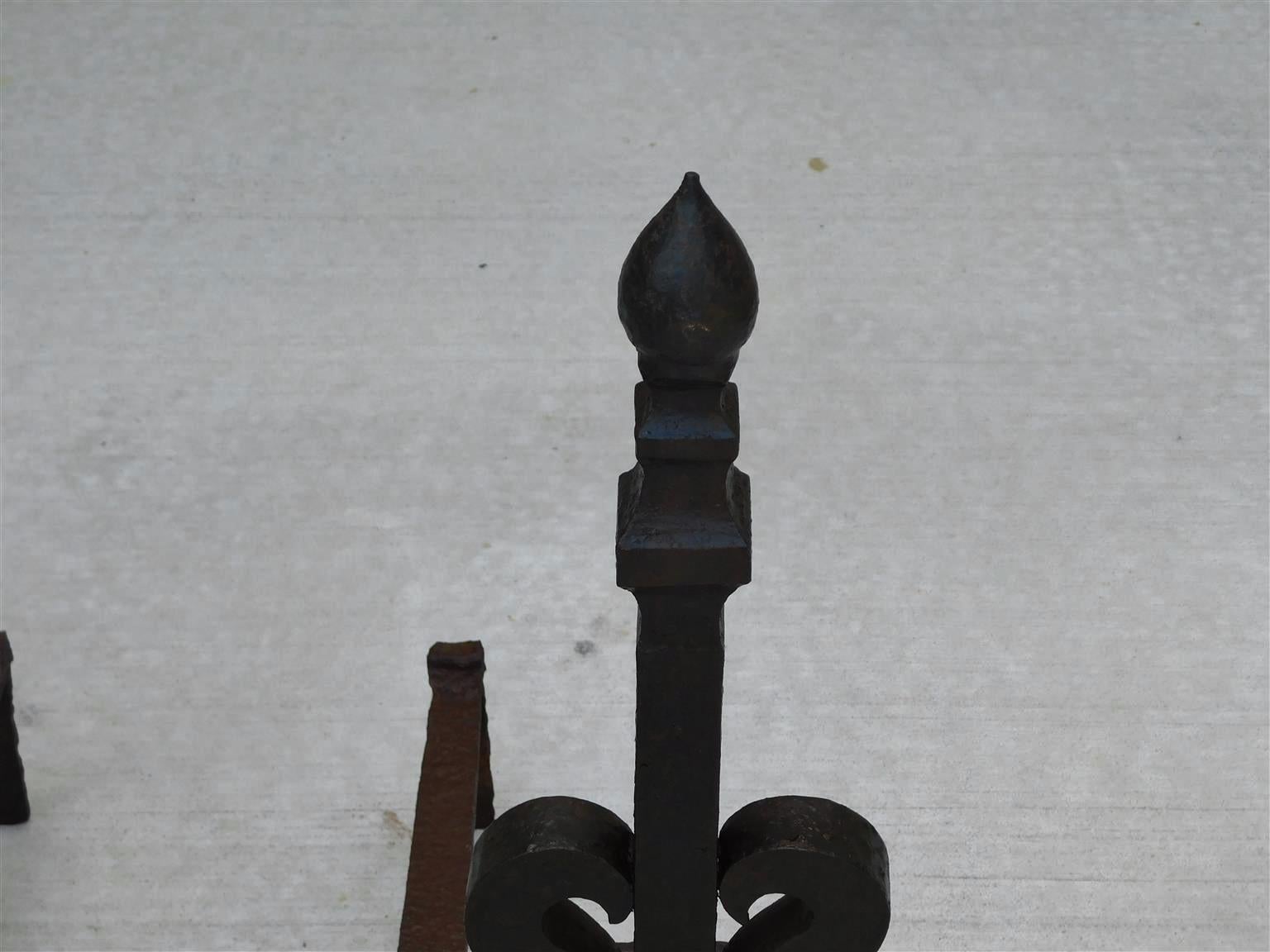 American Wrought Iron Faceted Lemon Finial Andirons w/ Scrolled Plinths, C. 1820 For Sale 3