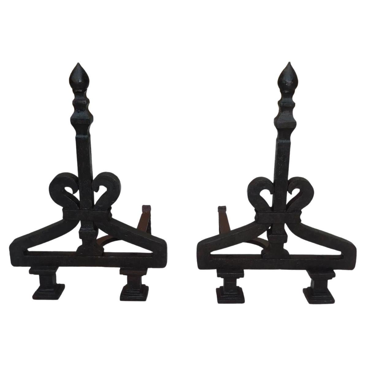 American Wrought Iron Faceted Lemon Finial Andirons w/ Scrolled Plinths, C. 1820 For Sale