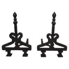 Used American Wrought Iron Faceted Lemon Finial Andirons w/ Scrolled Plinths, C. 1820