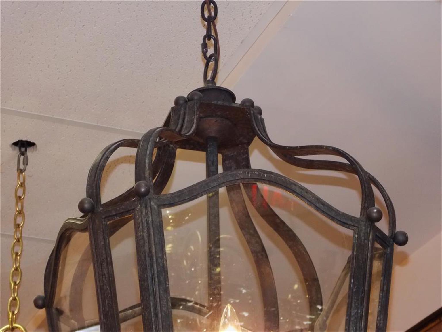 American Empire American Wrought Iron Hanging Glass Lantern with Interior Light Cluster C. 1880