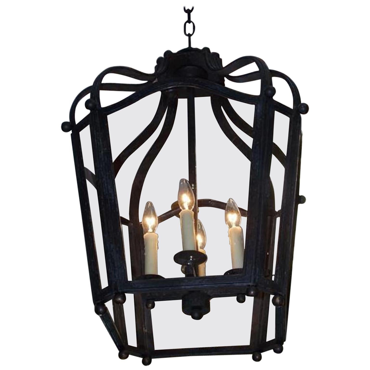 American Wrought Iron Hanging Glass Lantern with Interior Light Cluster C. 1880