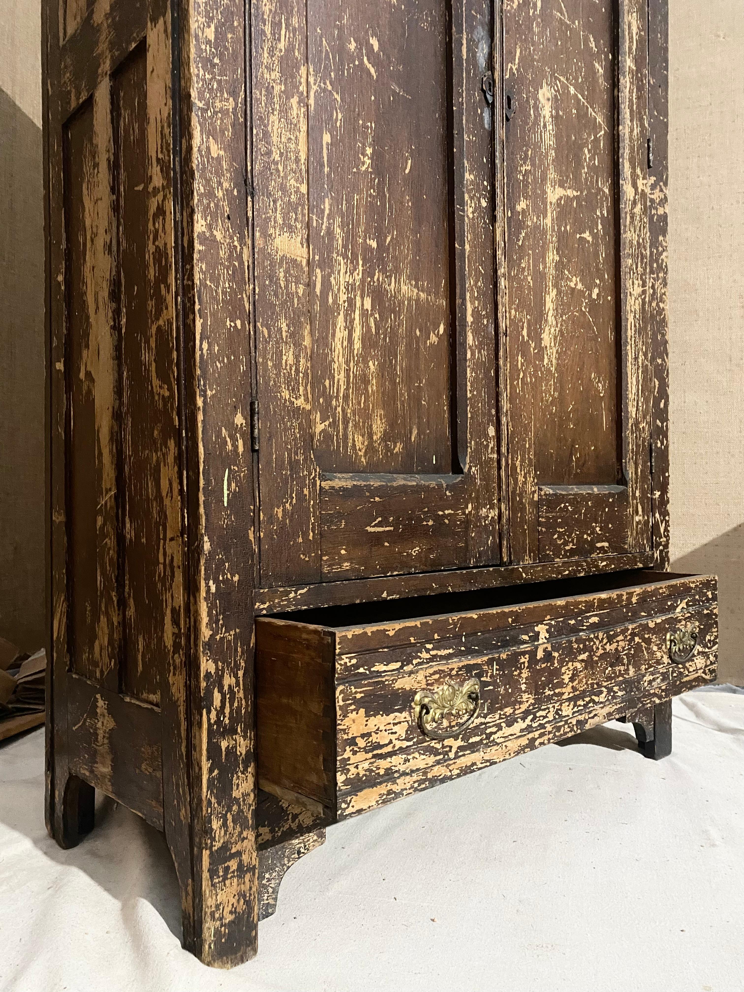 Americana 1940s Weathered Armoire with Pine Shelves + Clothing Bar For Sale 4