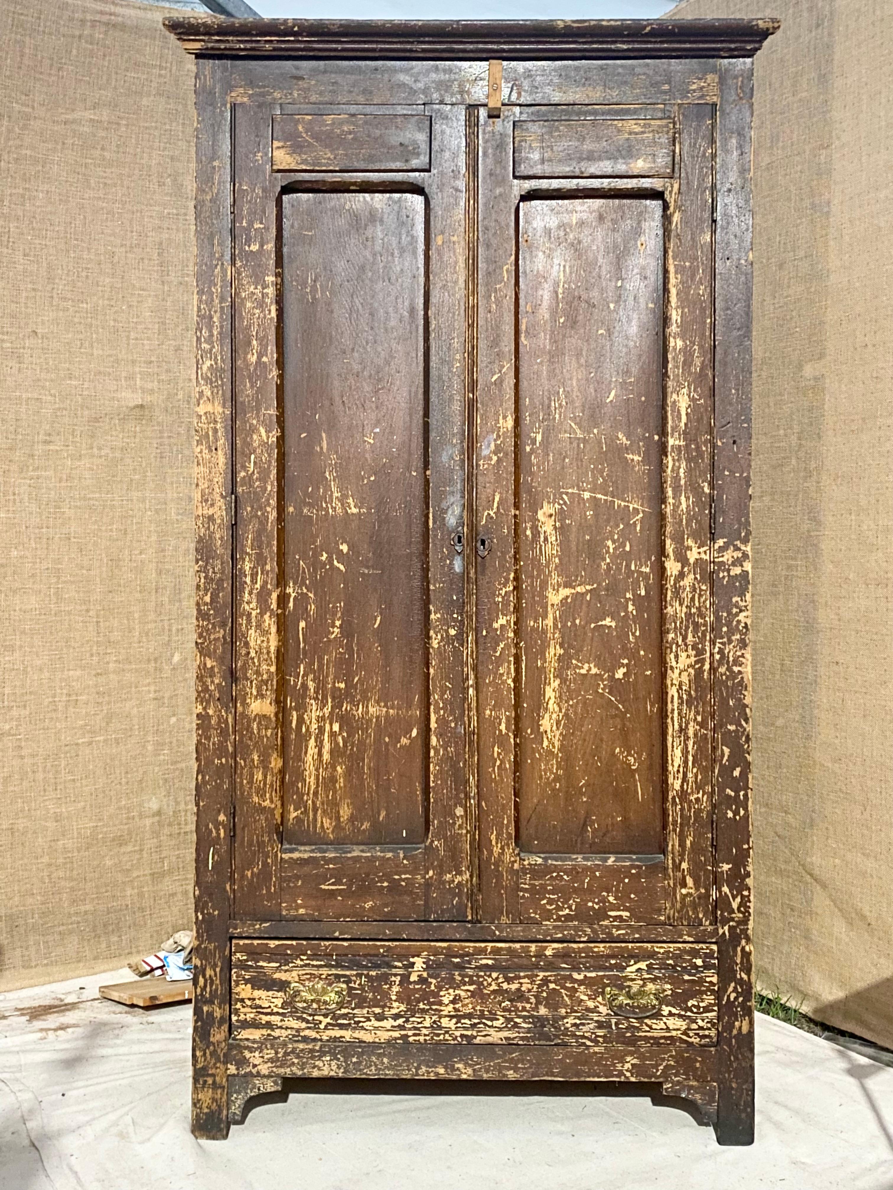 Adirondack Americana 1940s Weathered Armoire with Pine Shelves + Clothing Bar For Sale