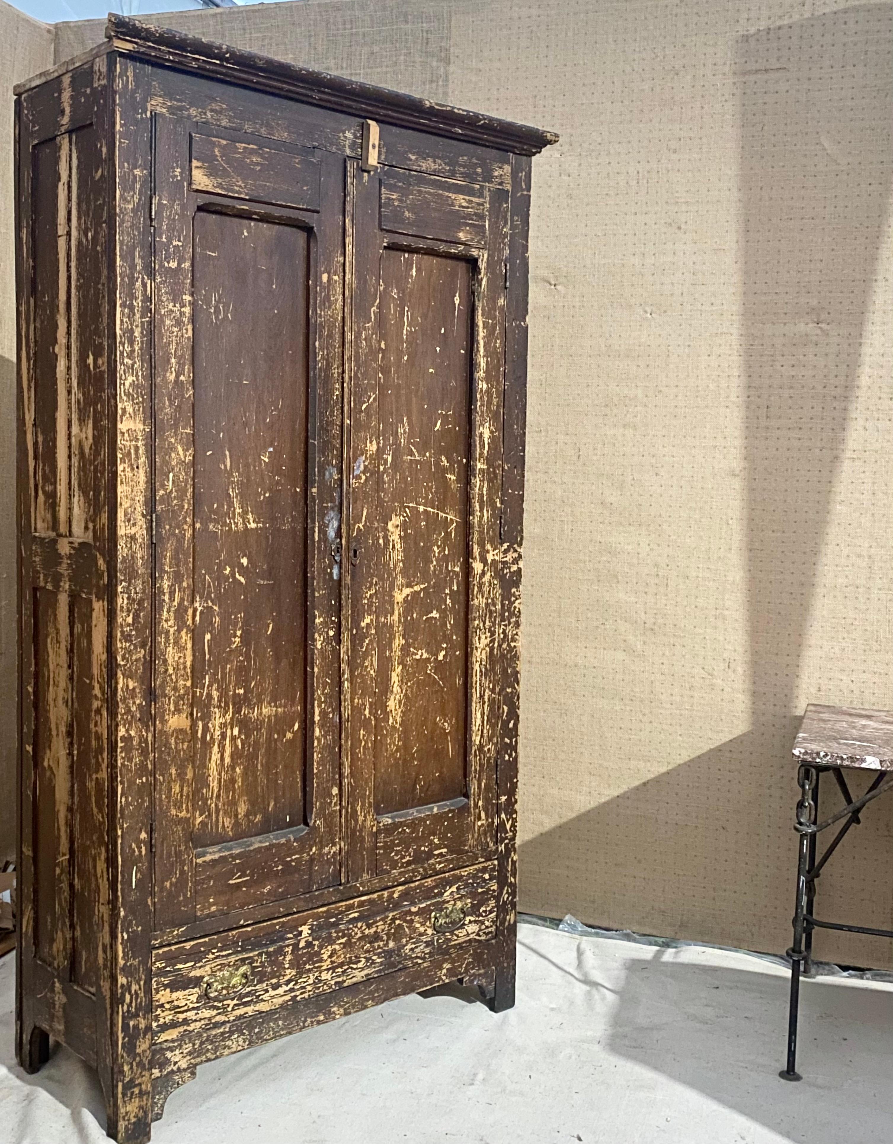 Painted Americana 1940s Weathered Armoire with Pine Shelves + Clothing Bar For Sale
