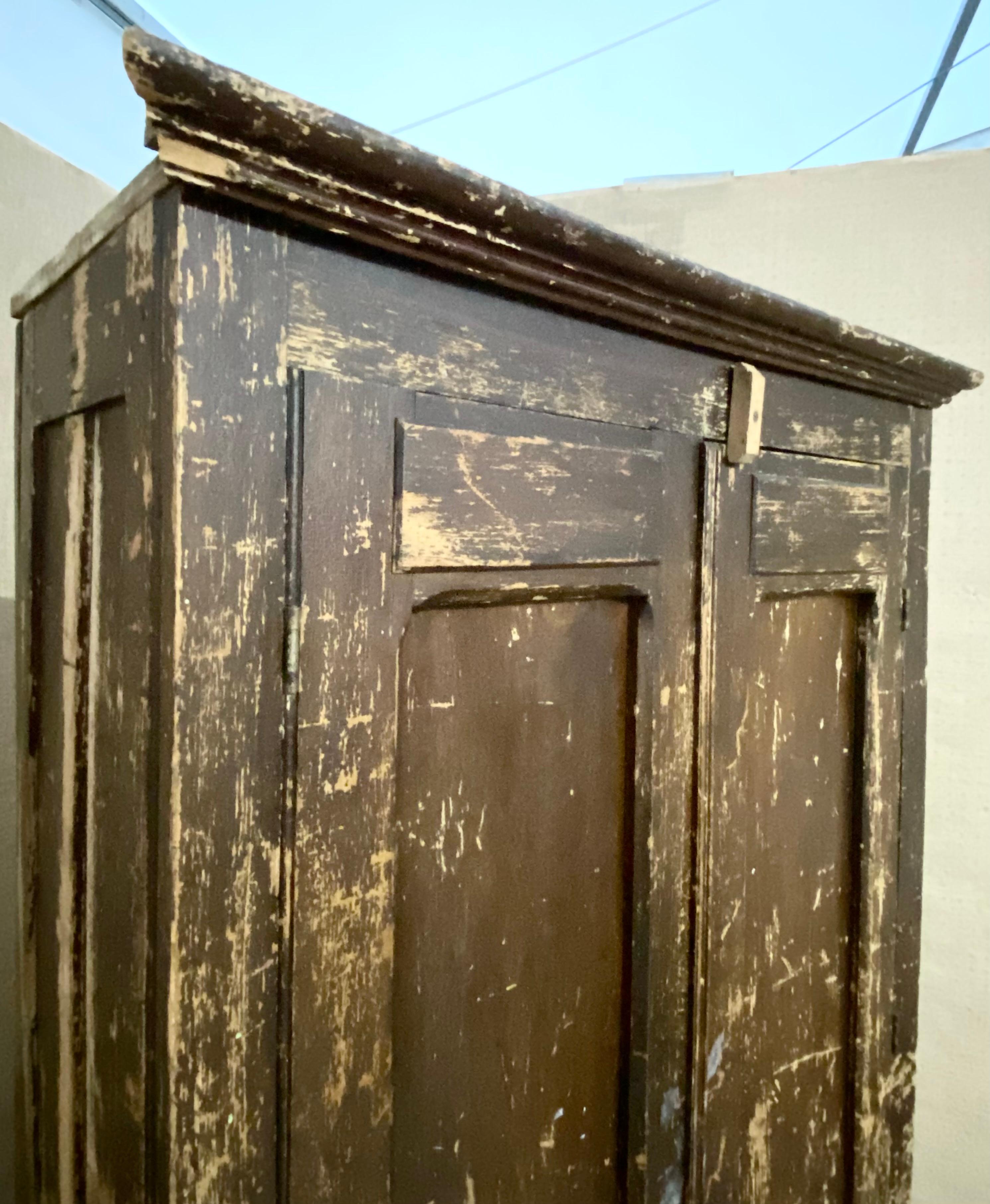 Oak Americana 1940s Weathered Armoire with Pine Shelves + Clothing Bar For Sale